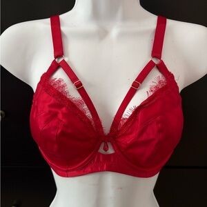 Red Lace-Trim Satin Bra with Decorative Straps